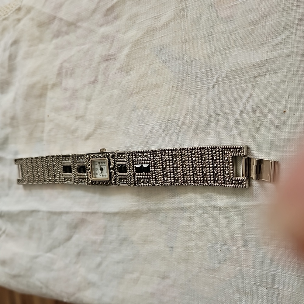 Silver Bracelet Watch With Patterned Band Black Inlay